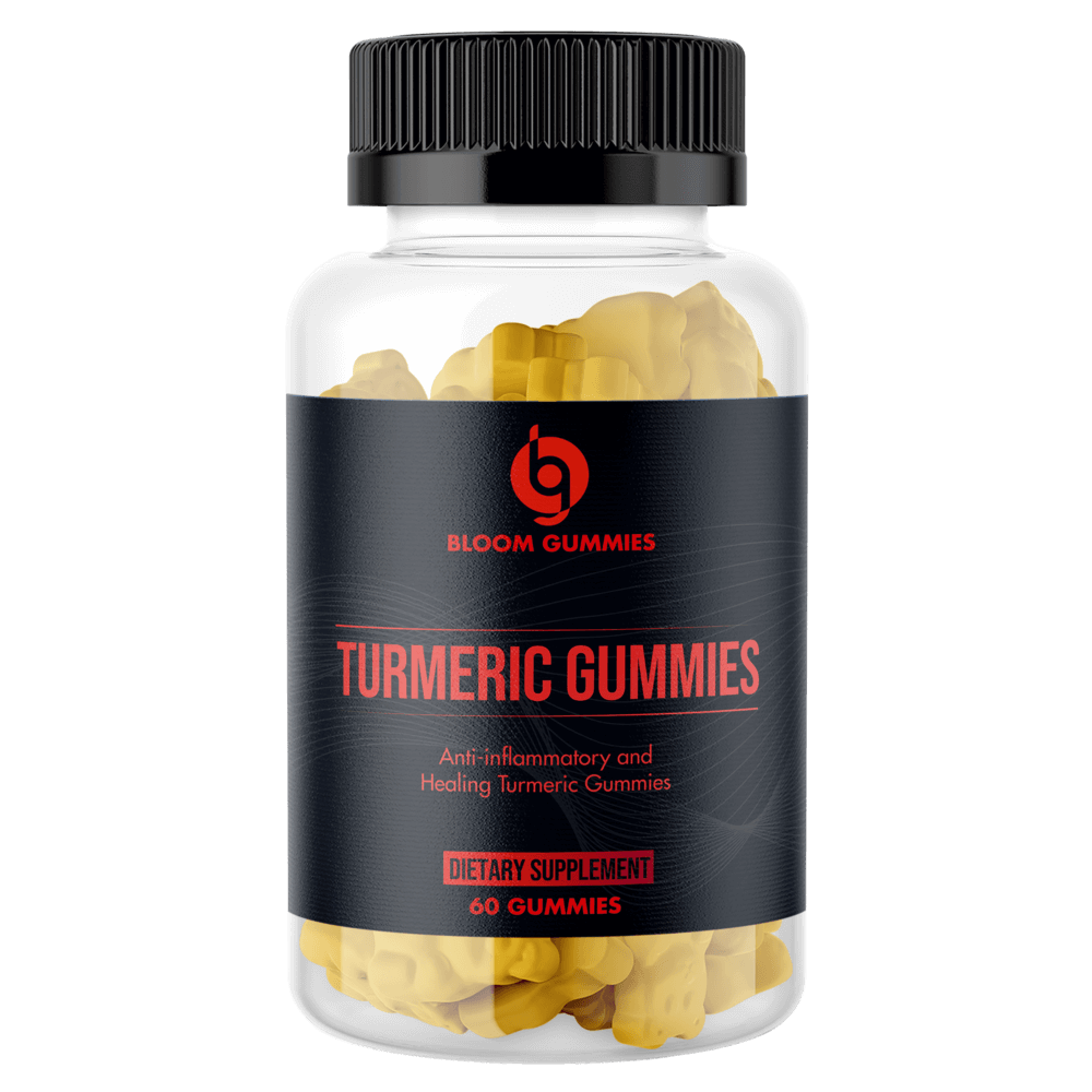 BLOOM by ZNETICS turmeric gummies bottle with yellow gummy shapes inside