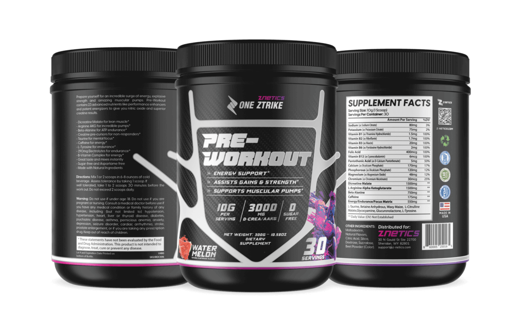 Three pre-workout supplement tubs, black with white PRE-WORKOUT labels and pink band