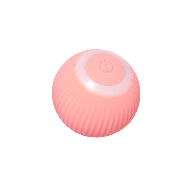 Pink rechargeable cat ball toy with power button on top