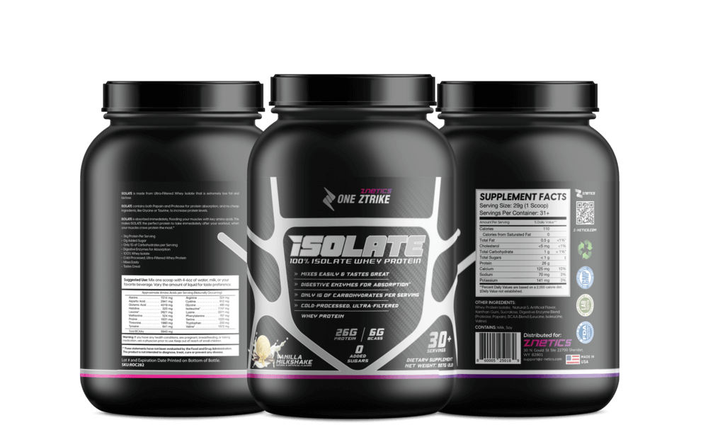 Whey isolate protein tubs (3-pack), black bottles with ONE ZTRIKE labels