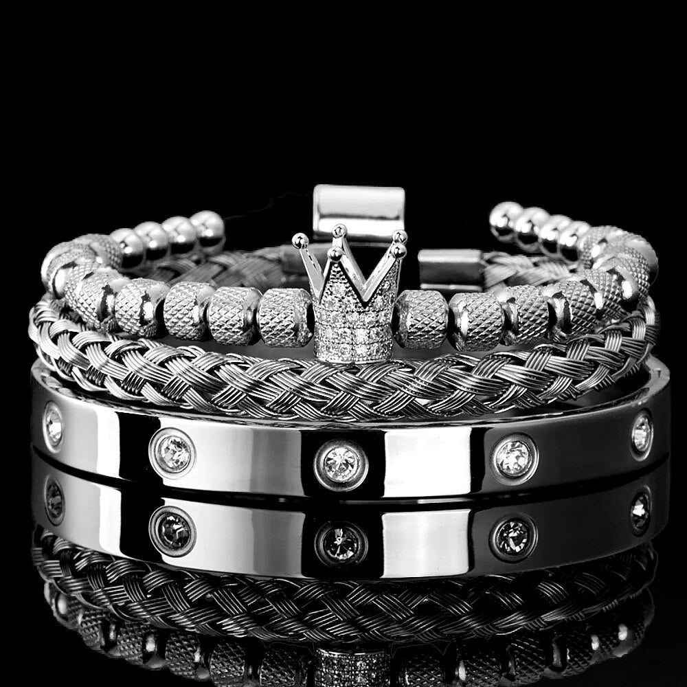 Silver braided Roman bracelet with round diamond studs and crown clasp