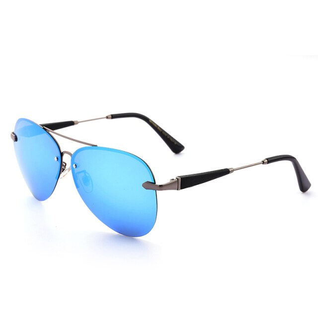 Men's sunglasses with blue mirrored oval lenses and silver metal frame, black temples