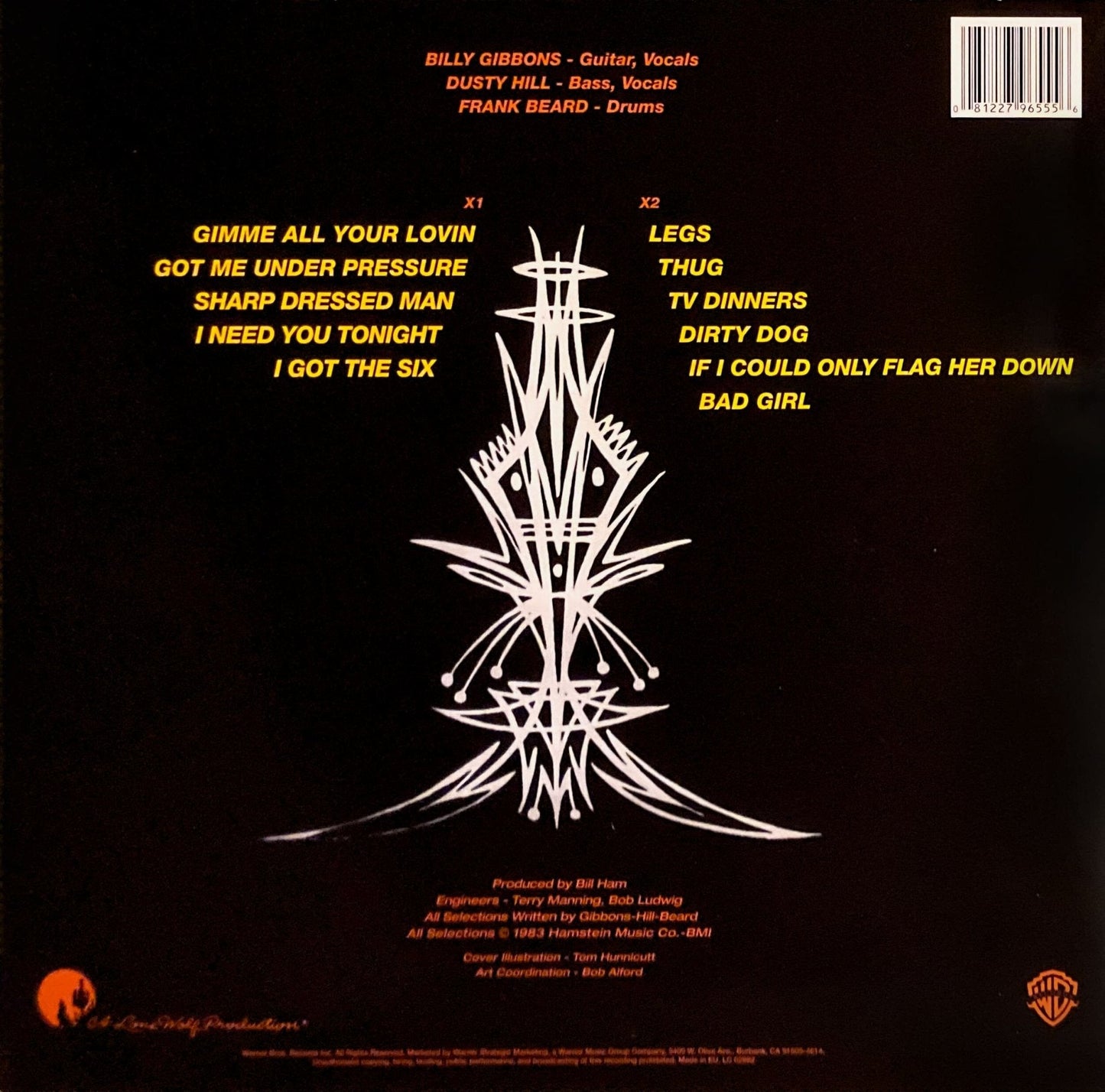 Album back cover with track list text and centered white starburst emblem