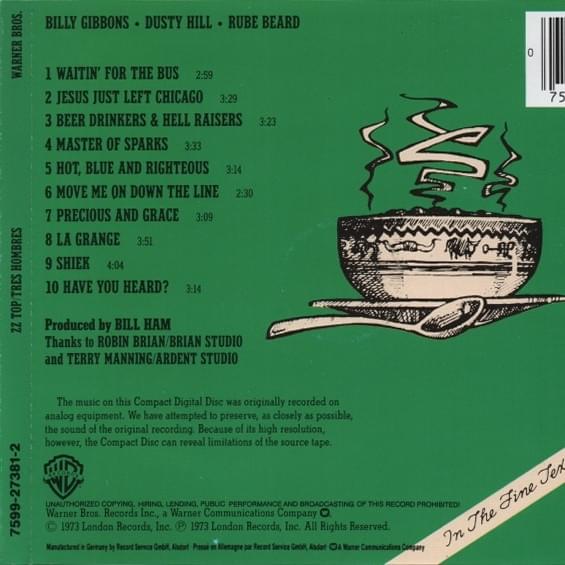 ZZ Top Tres Hombres album back cover with track list, barcode, and bowl graphic on green