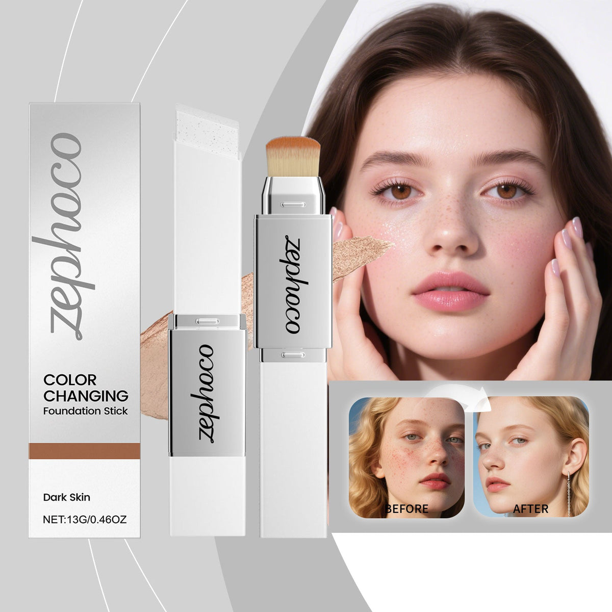 Color-changing foundation stick with brush tip on model cheek, with boxed package