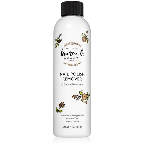Nail polish remover bottle with botanical label and black screw cap