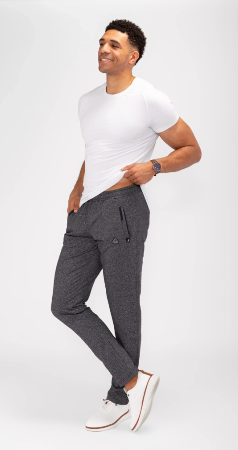 Athletic sweatpants with tapered legs, elastic waistband, and drawstring; dark heather grey.