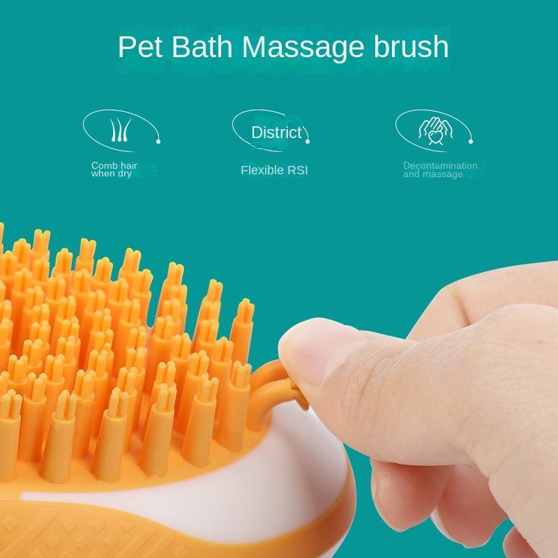 Pet bath massage brush with orange silicone bristle pad and pointed bristles