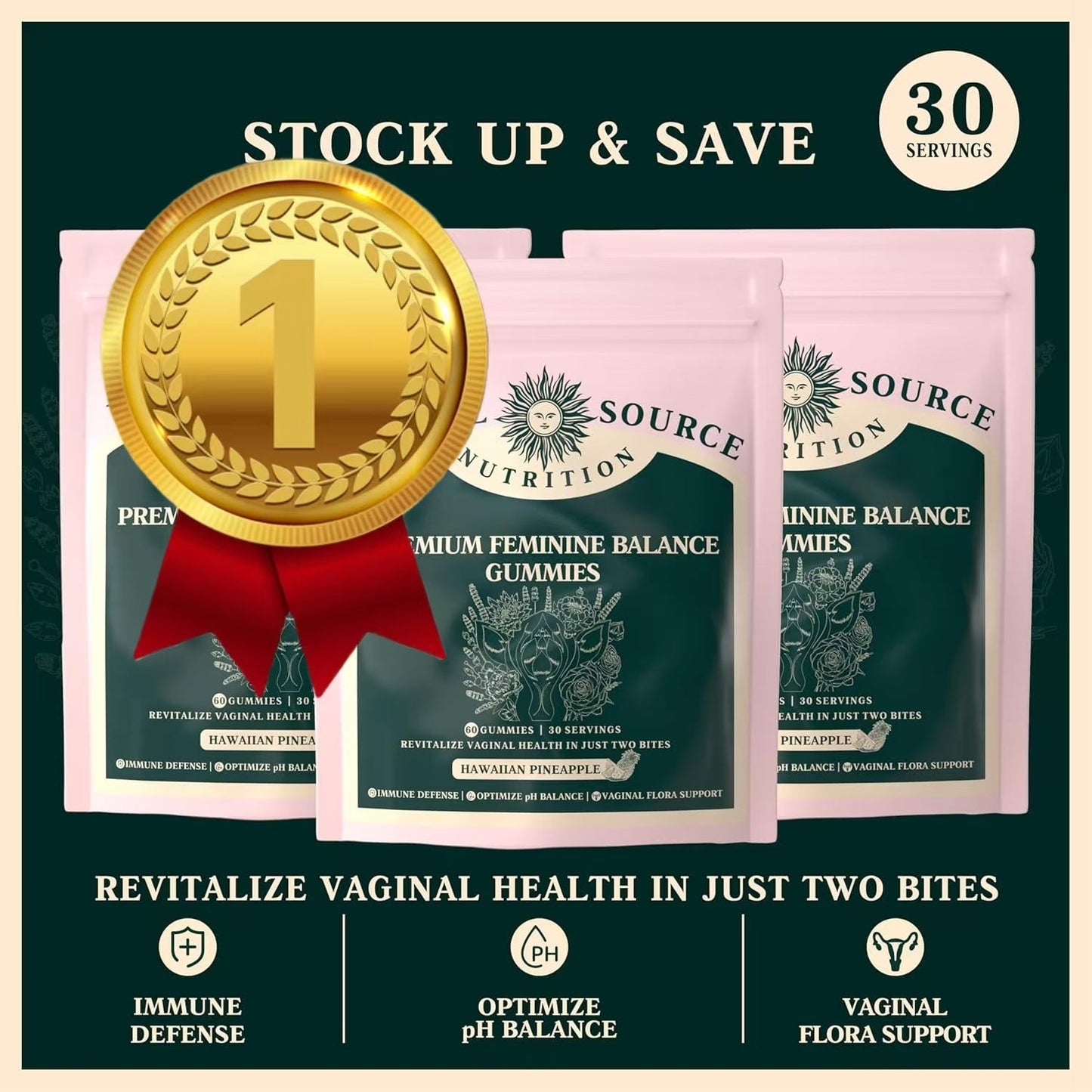 Premium Feminine Balance Gummies promo with three pouches and 30 servings badge