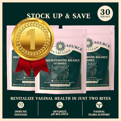 Premium Feminine Balance Gummies promo with three pouches and 30 servings badge