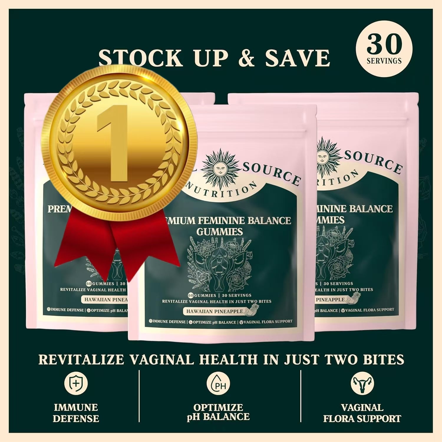 Vital Source Nutrition - Premium Feminine Balance Gummies - for Women’s Health & Wellness - Immune Support - Vegan, Gluten-Free & Halal - Hawaiian Pineapple - 60 Gummies - 30 Servings - Renee Lane Company