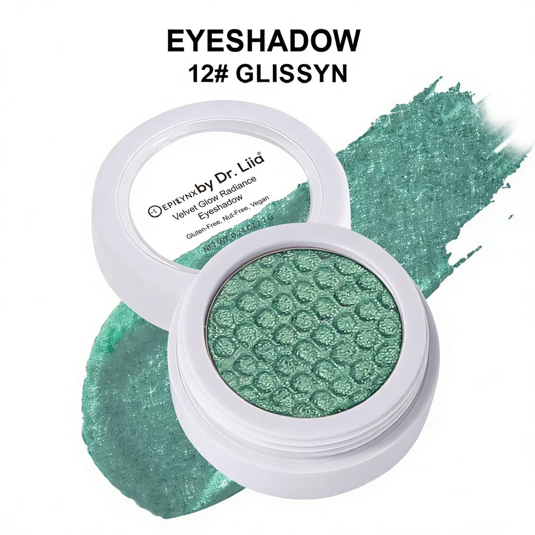 Eyeshadow compact with green shimmer pan and matching swatch