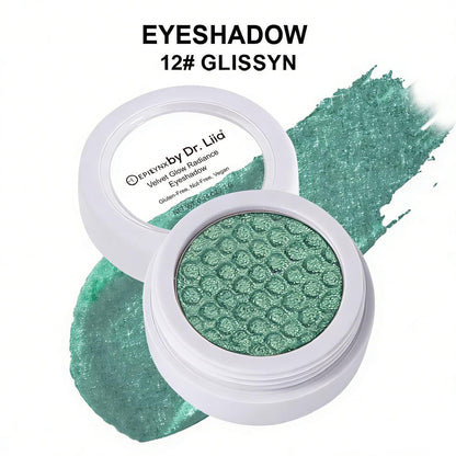 Eyeshadow compact with green shimmer pan and matching swatch