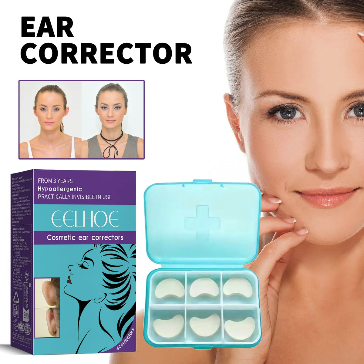 Cosmetic ear corrector stickers, open teal case showing white adhesive ear pads