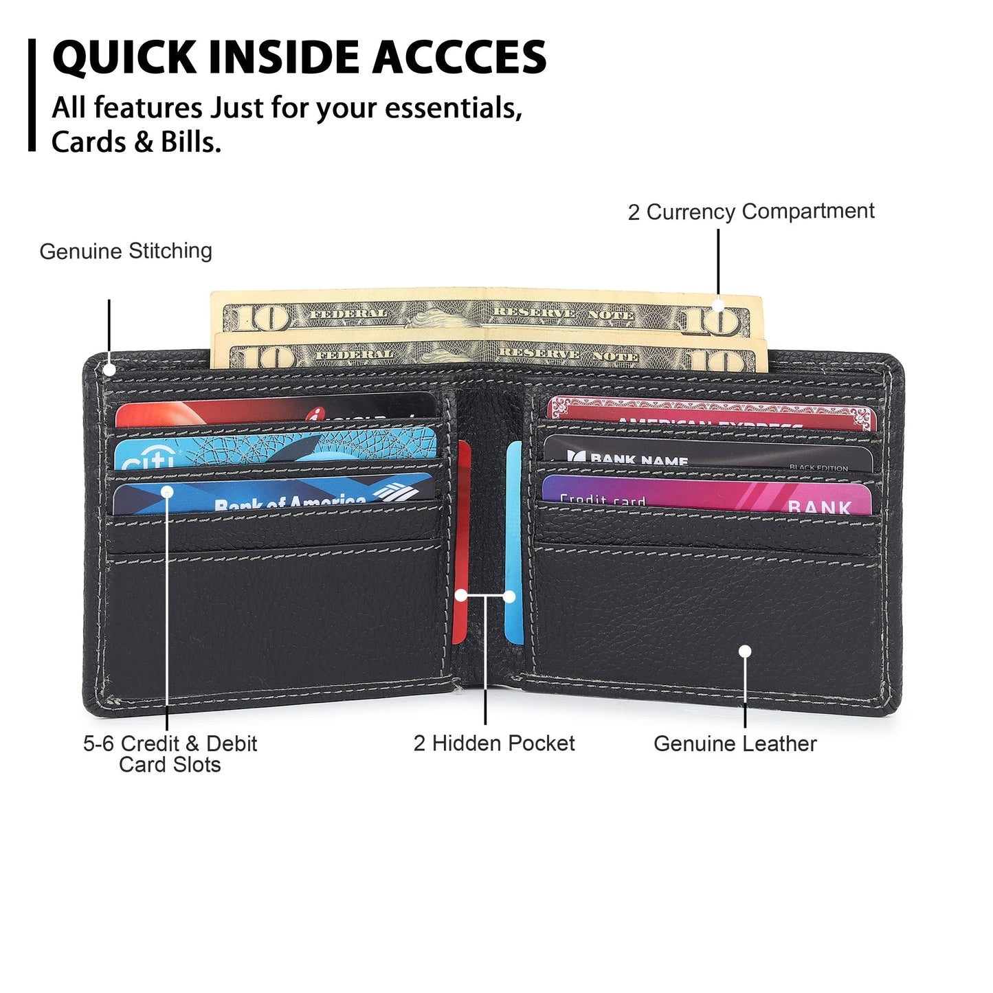 Black textured leather men’s bi-fold wallet open, card compartments and cash