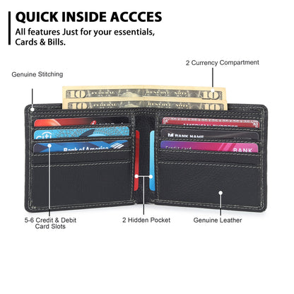 Black textured leather men’s bi-fold wallet open, card compartments and cash
