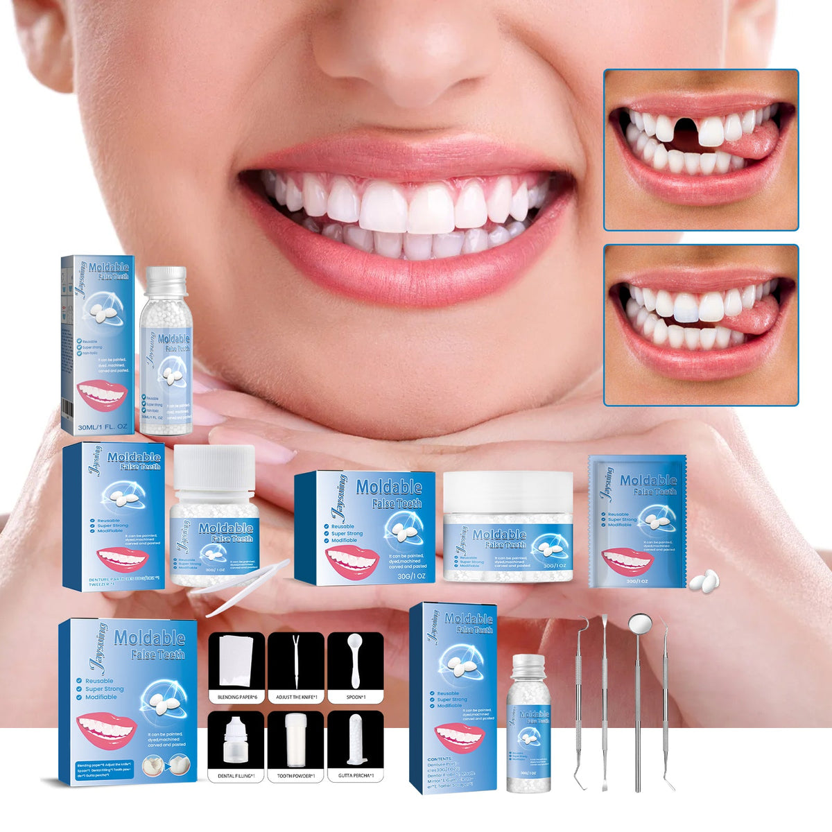 Close-up smile with cosmetic denture fitting kit: gel jar, blue boxes, and dental tools