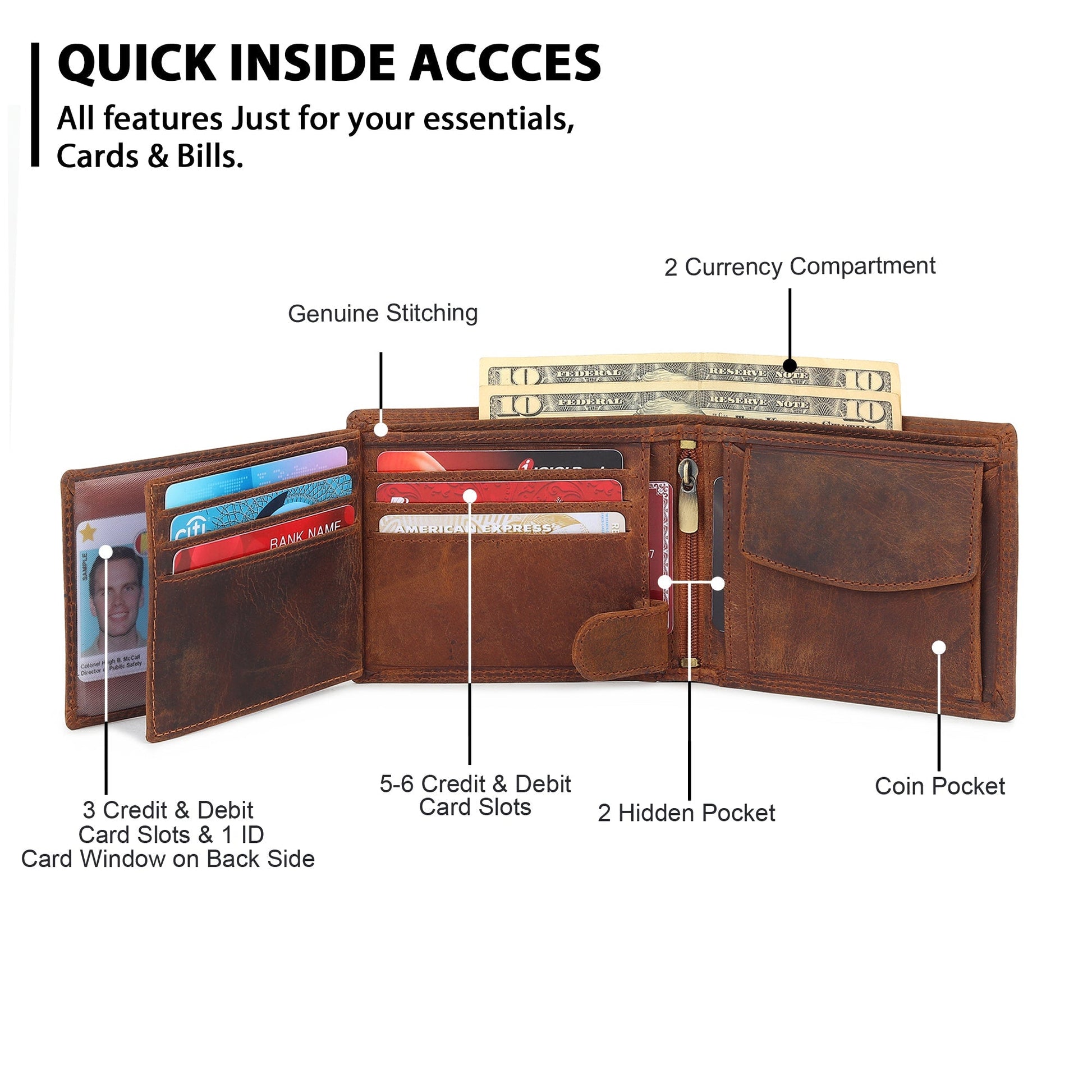 Brown leather wallet laid open, showing card slots, coin pocket, and bill compartments