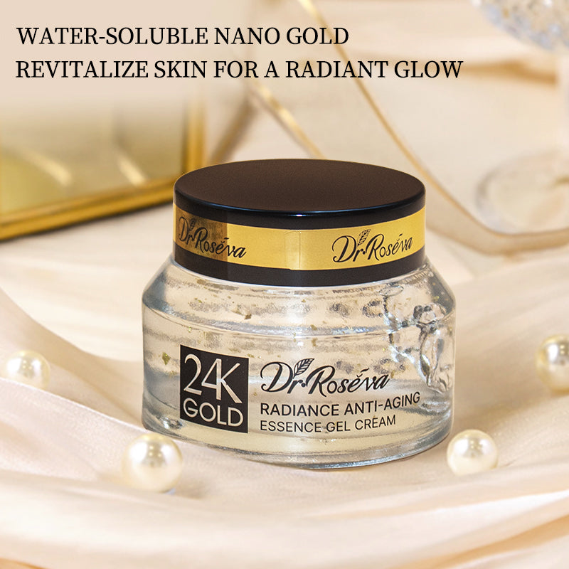 24K gold anti-aging gel cream jar with black lid