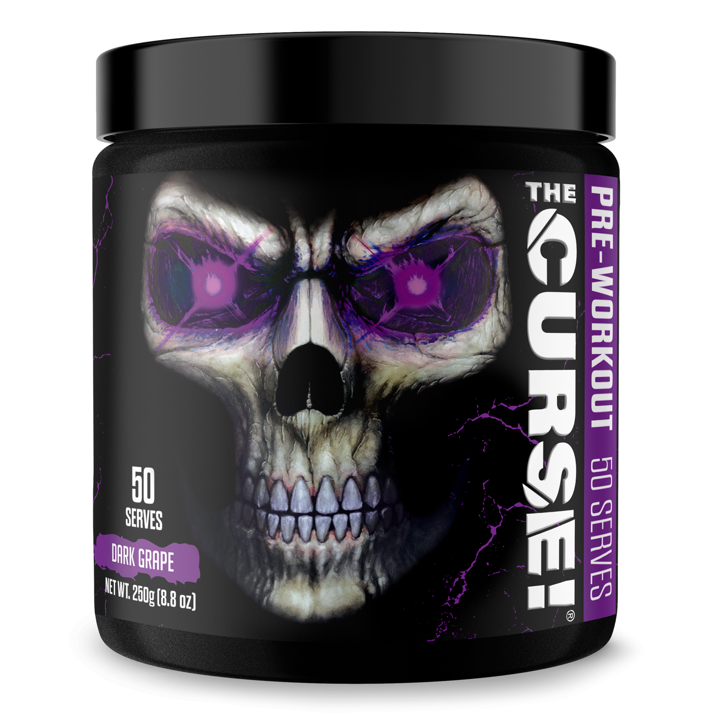 Pre-workout supplement tub with skull artwork and Dark Grape flavor panel