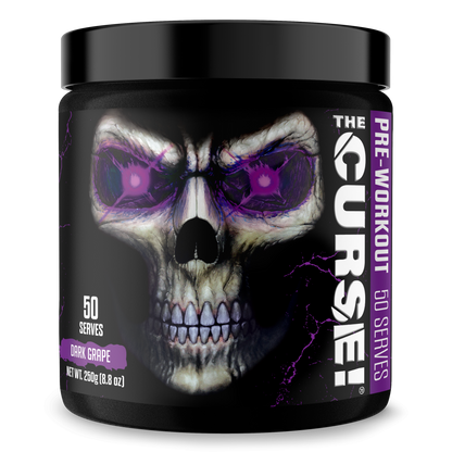 Pre-workout supplement tub with skull artwork and Dark Grape flavor panel