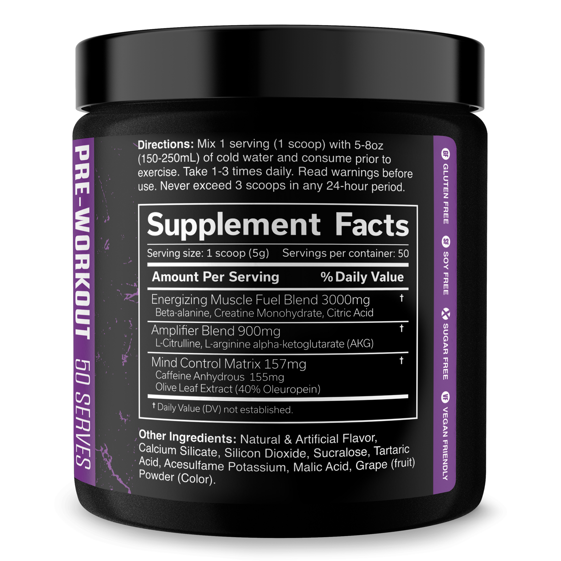 Pre-workout supplement tub with Supplement Facts panel and purple accent label