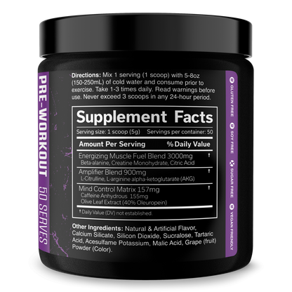Pre-workout supplement tub with Supplement Facts panel and purple accent label
