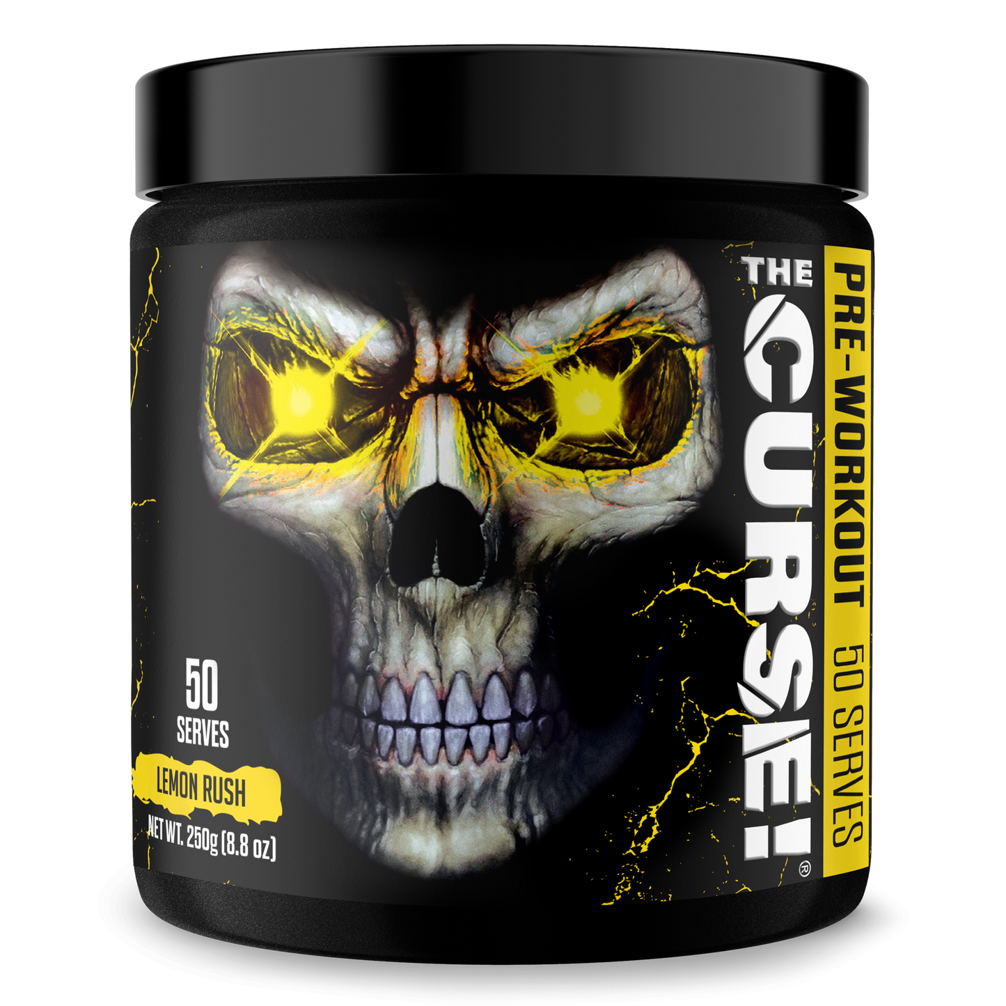 Pre-workout supplement jar, skull graphic, Lemon Rush flavor, 50 servings.
