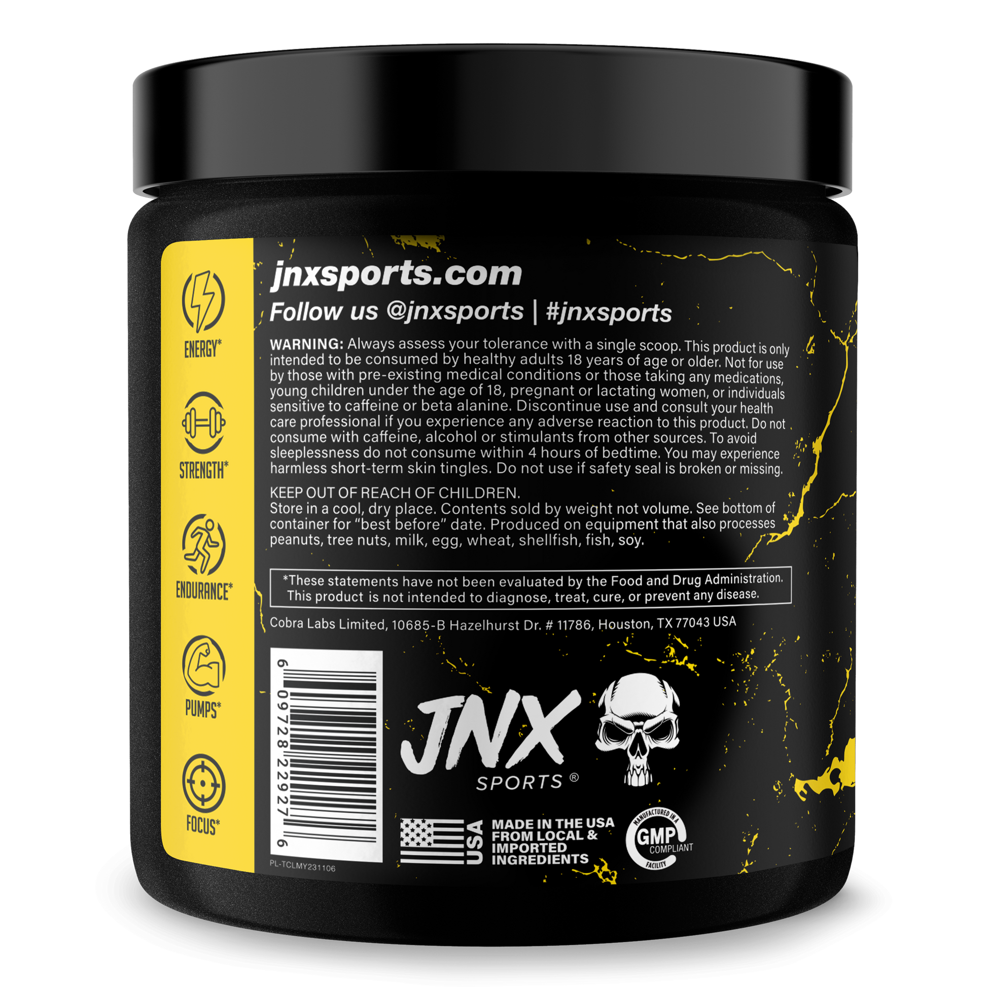 Pre-workout supplement tub back label with JNXsports branding and nutrition icons