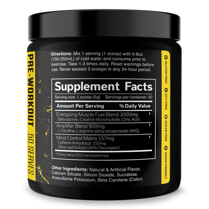 Pre-workout supplement tub with Supplement Facts panel and yellow accent label