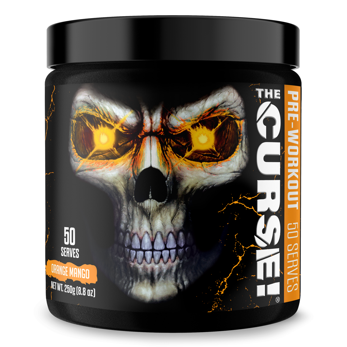 Pre-workout supplement jar, skull graphic, Orange Mango flavor, 50 servings.
