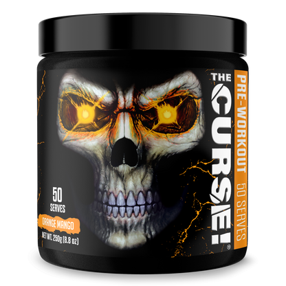Pre-workout supplement jar, skull graphic, Orange Mango flavor, 50 servings.