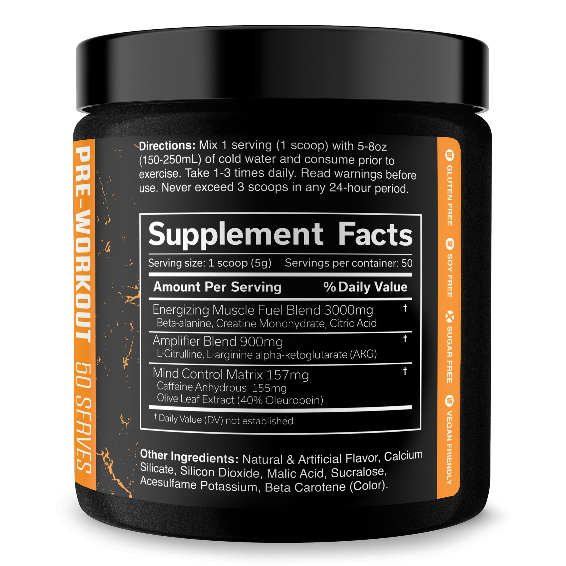 Pre-workout supplement jar back label with Supplement Facts panel and ingredient list.