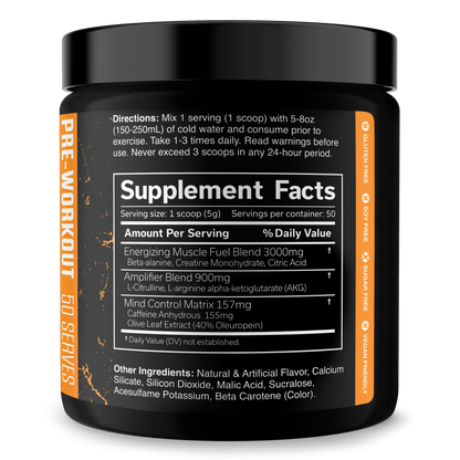 Pre-workout supplement jar back label with Supplement Facts panel and ingredient list.