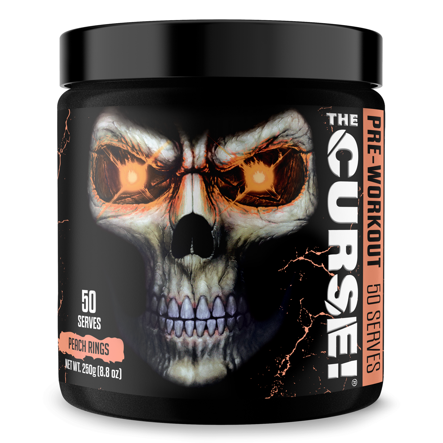 Pre-workout supplement jar, skull graphic, Peach Rings flavor, 50 servings.