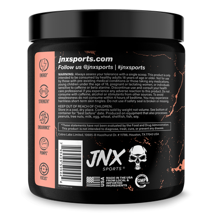 Pre-workout supplement jar side with jnxsports.com text and TNX Sports logos.