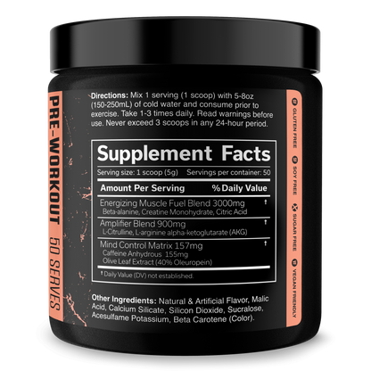 Pre-workout supplement jar back label with Supplement Facts panel and serving info.