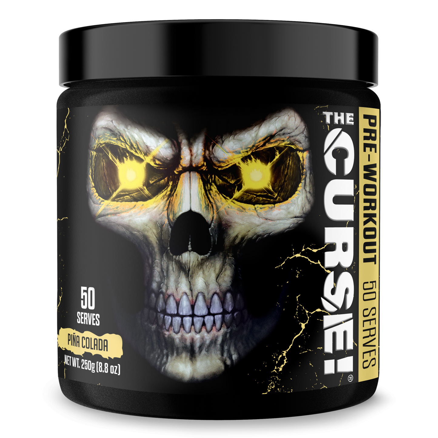 Pre-workout supplement tub with skull graphic, green eyes, Pina Colada flavor