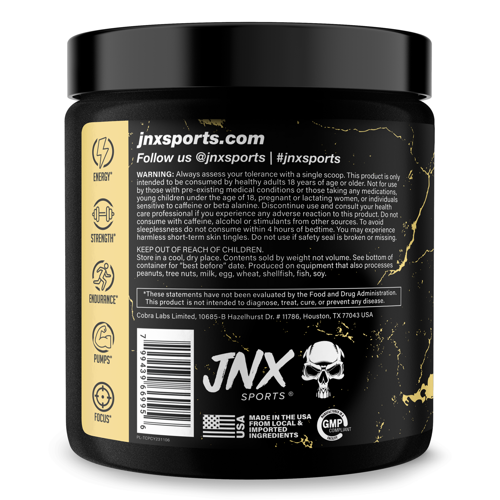 Pre-workout supplement tub with gold/yellow jinxSports back label and Supplement Facts
