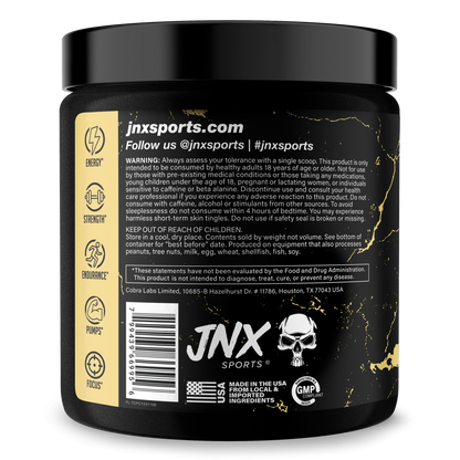 Pre-workout supplement tub with gold/yellow jinxSports back label and Supplement Facts