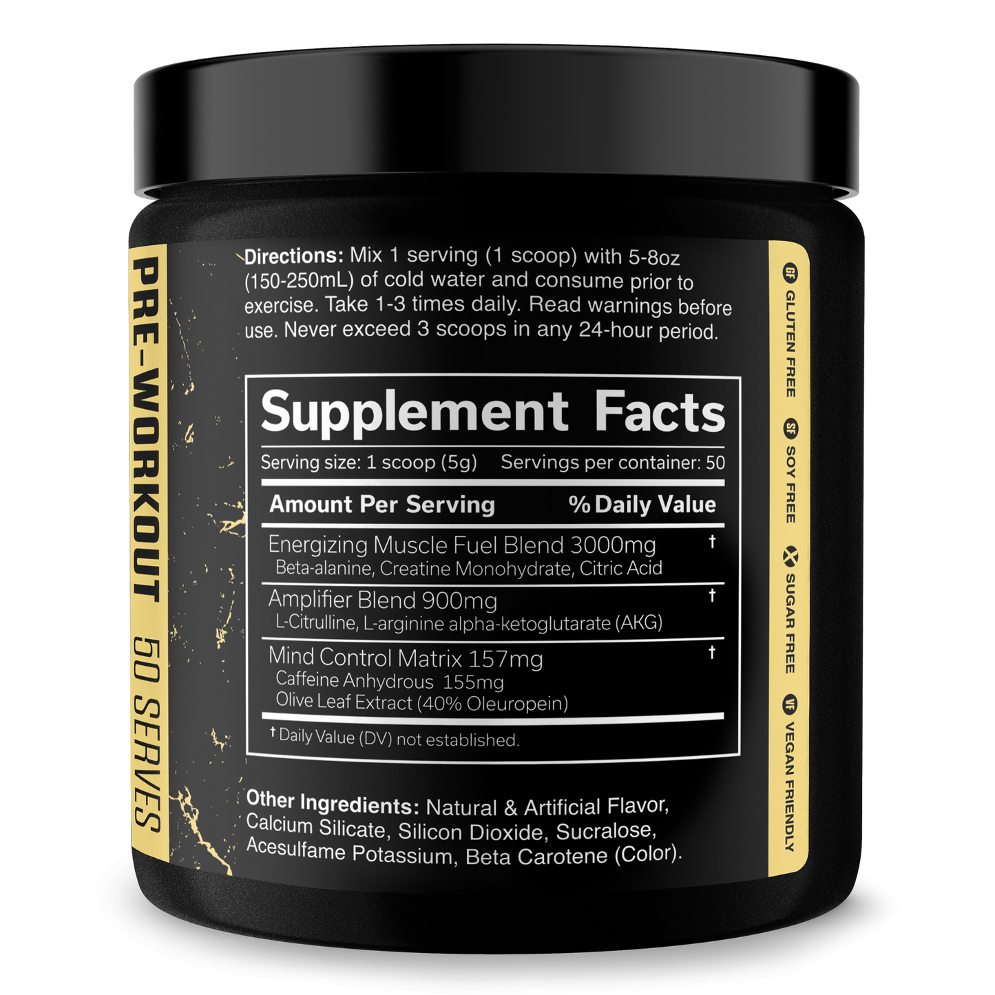 Pre-workout supplement tub with Supplement Facts panel and ingredients list