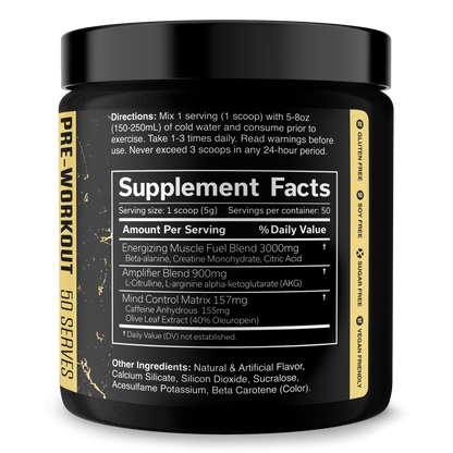 Pre-workout supplement tub with Supplement Facts panel and ingredients list