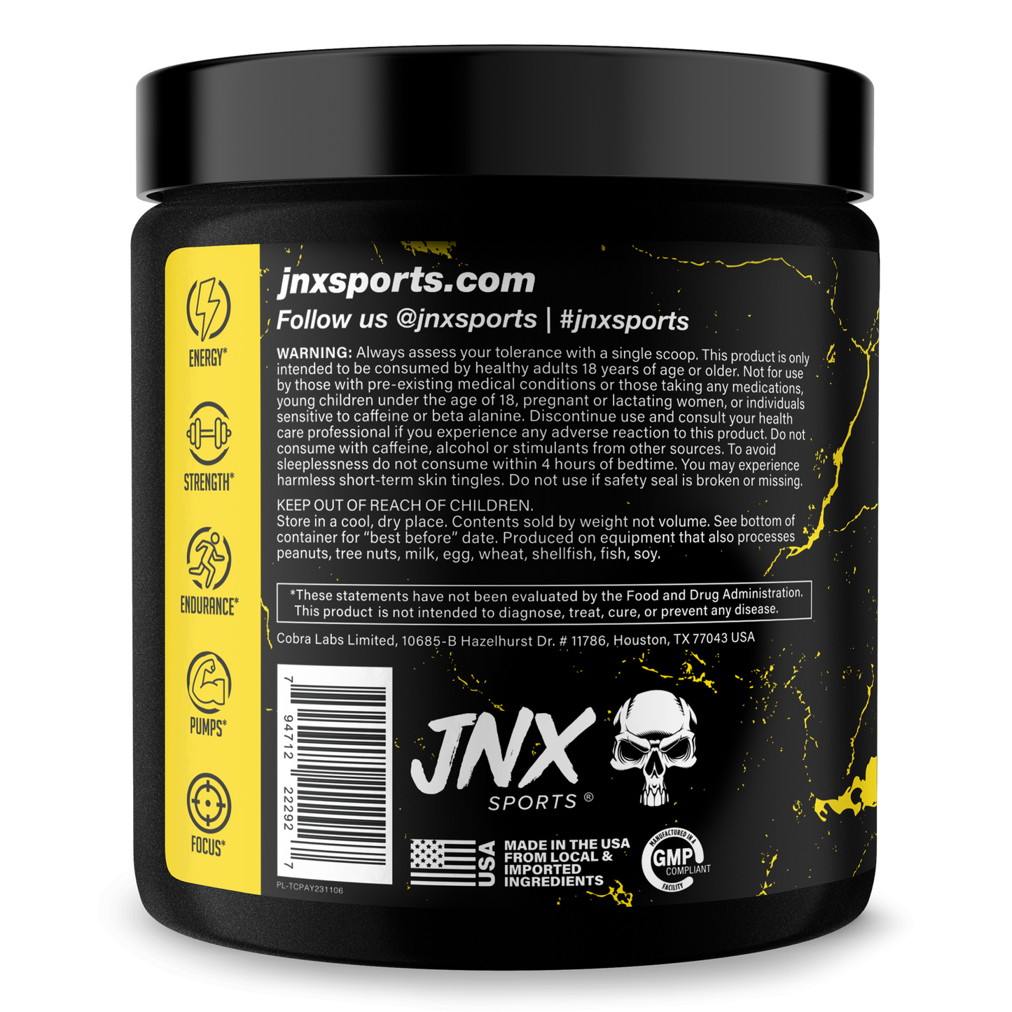 Pre-workout supplement tub with yellow jinxSports back label and barcode