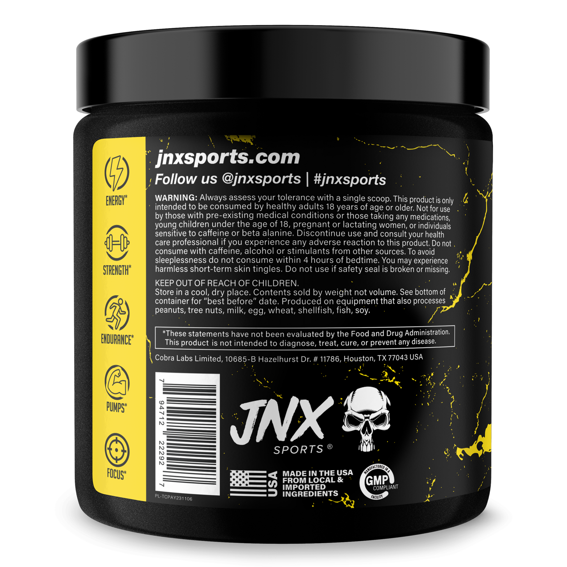 Pre-workout supplement tub with yellow jinxSports back label and barcode