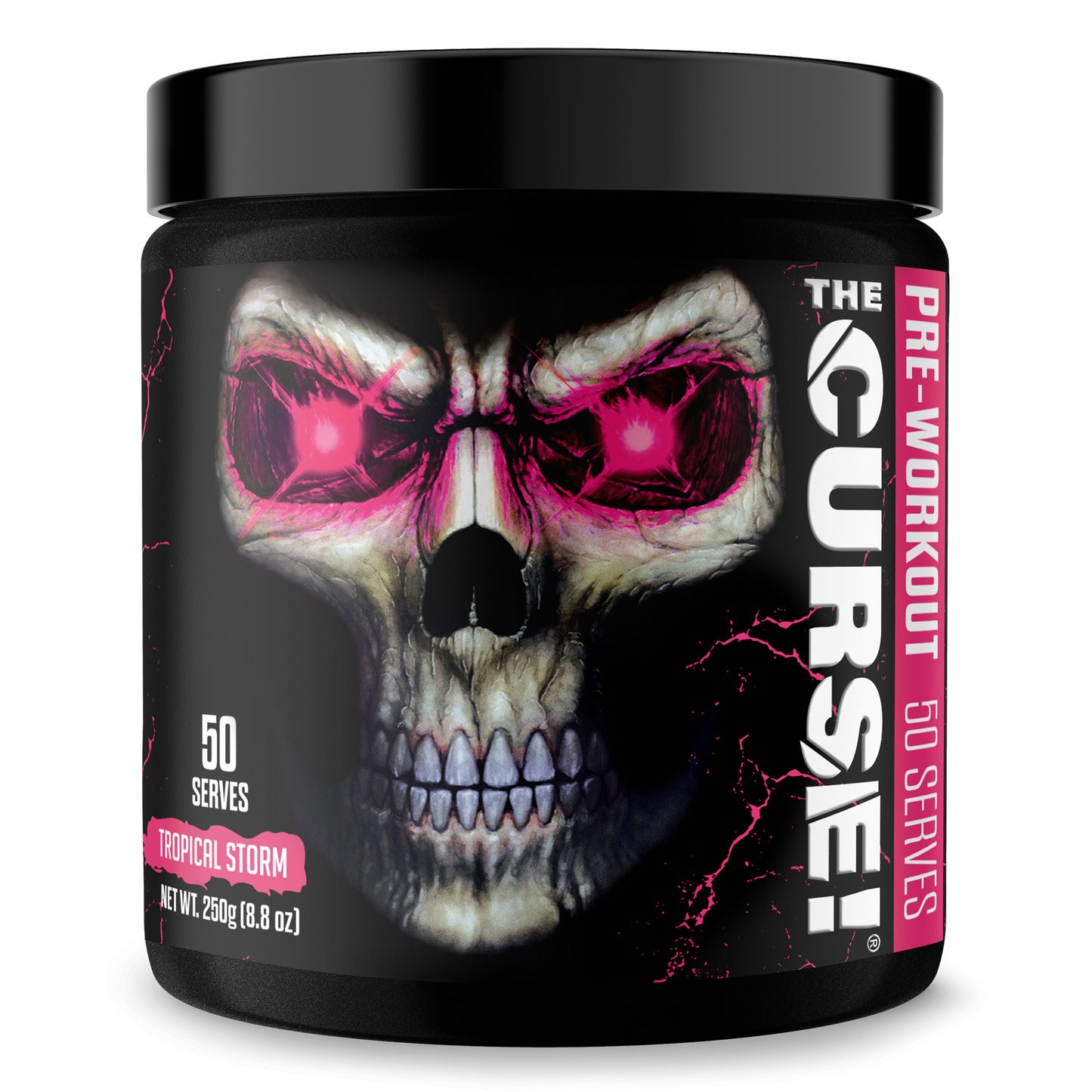 Pre-workout supplement tub with skull graphic, pink eyes, Tropical Storm flavor