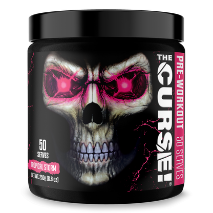 Pre-workout supplement tub with skull graphic, pink eyes, Tropical Storm flavor