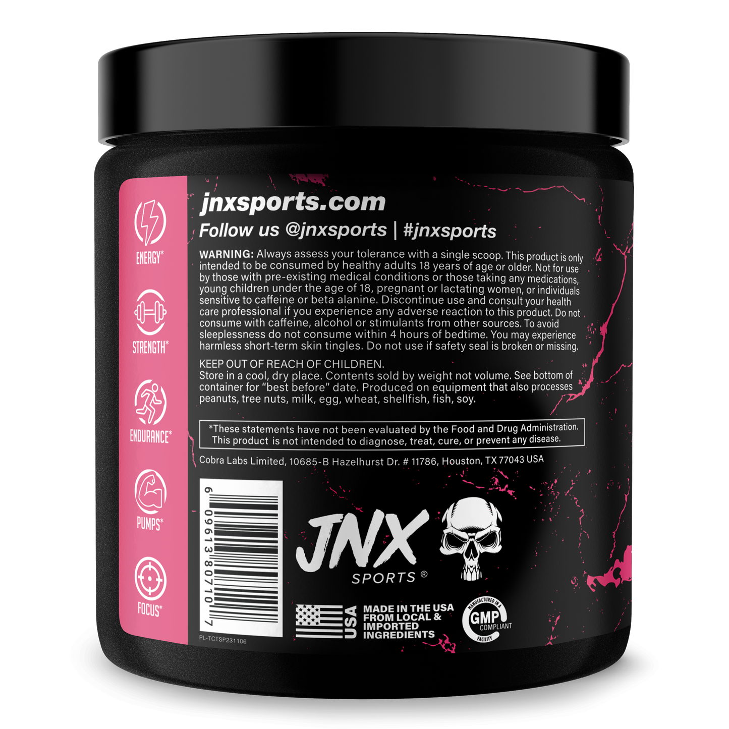Pre-workout supplement tub, black with red jinxSports label and JNX Sports logo
