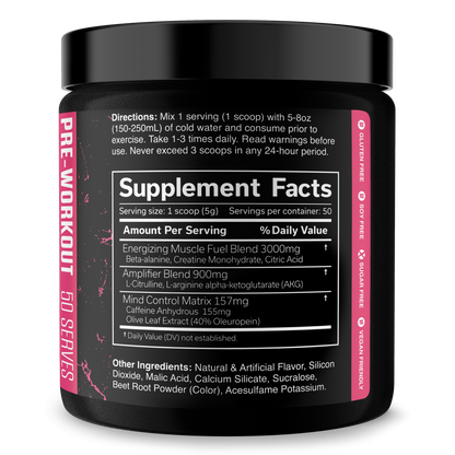 Pre-workout supplement tub with Supplement Facts panel and Daily Value table