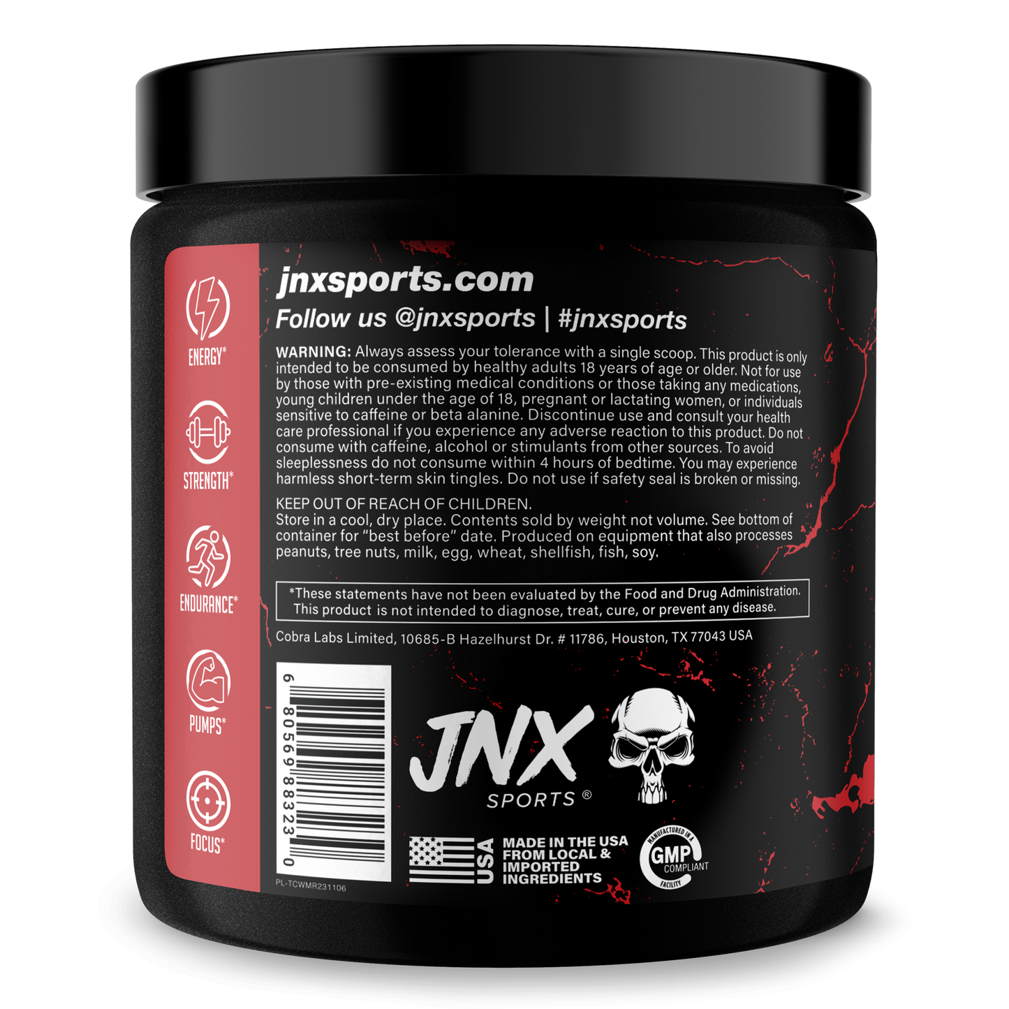 Pre-workout supplement tub, black with red jinxSports back label and barcode
