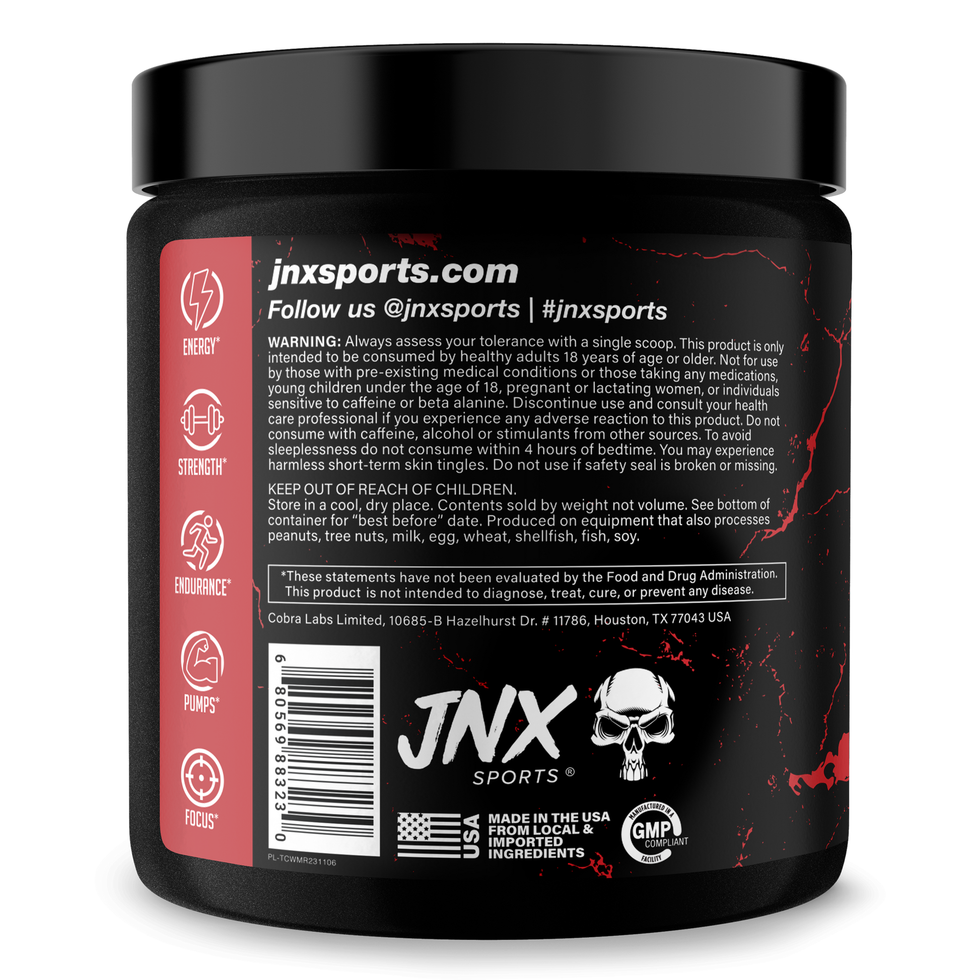 Pre-workout supplement tub, black with red jinxSports back label and barcode